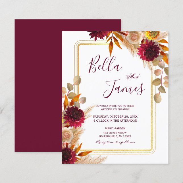 Budget Marsala Red Floral Faire-part de mariage (Devant / Derrière)