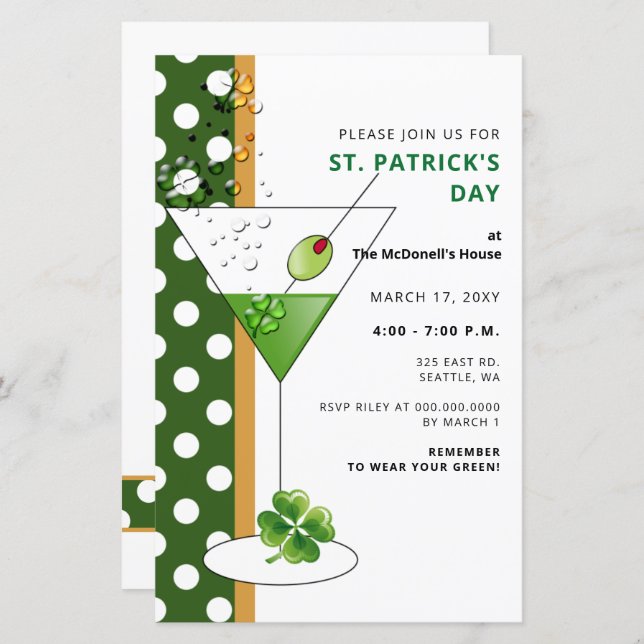 Budget Martini Jour de la Saint Patrick Party Invi (Devant / Derrière)