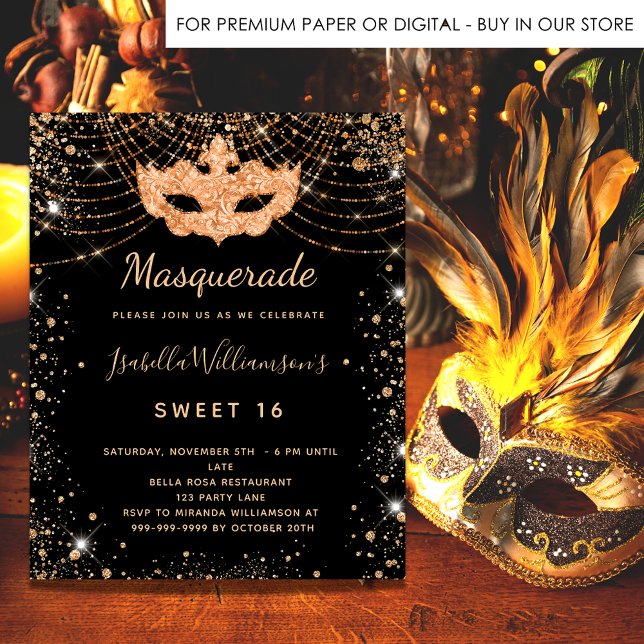 Budget mascarade or noir Sweet 16 invitation (Créateur téléchargé)