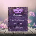 Budget mascarade violet rose or Sweet 16<br><div class="desc">Pour une Masquerade élégante, Sweet 16, 16e anniversaire. Un motif arrière - plan violet. Décoré de poussière de parties scintillant en faux or rose et d'un masque masqué. Personnalisez et ajoutez un nom, un âge et des détails de la fête. Le nom est écrit avec un script de style manuscrit...</div>