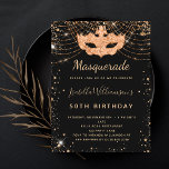 Budget masqué noir parties scintillant or noir<br><div class="desc">Pour une Masquerade élégante, 50e (ou tout âge) anniversaire. Un arrière - plan noir élégant. Décoré avec de la poussière de parties scintillant en faux or et un masque masqué. Personnalisez et ajoutez un nom, un âge et des détails de la fête. Le nom est écrit avec un script de...</div>