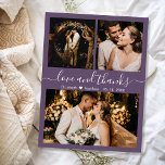 Budget Mauve Photo Collage Mariage Carte de remerc<br><div class="desc">Budget, Moderne, Élégant "Amour et Merci" Script Mauve Mariage 3 Photo Collage Merci Faible Budget Carte Thin abordable. Vous pouvez effectuer une mise à niveau pour que cette carte soit imprimée sur le stock. Avec trois (3) photos sur le devant et une (1) photo sur le dos. Avec le texte...</div>