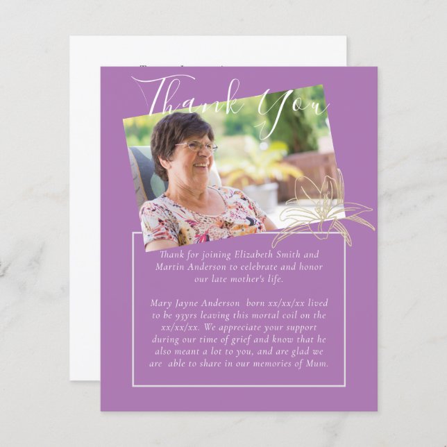 BUDGET Merci funéraire Photo Mauve Lilly (Devant / Derrière)