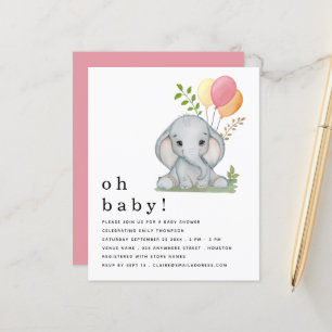 Budget mignon Eléphant rose fille Invitation Baby 