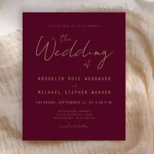 Budget Minimal Bourgogne Gold Script Wedding Invit