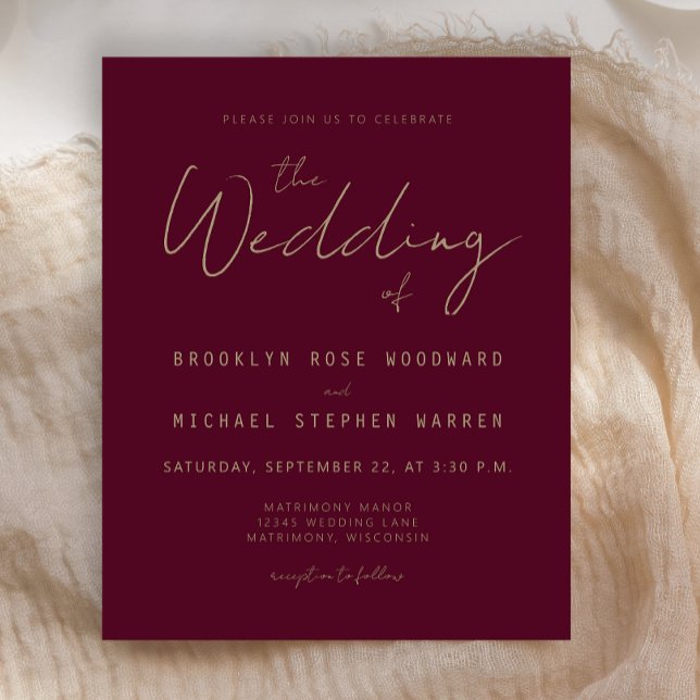 Budget Minimal Bourgogne Gold Script Wedding Invit (Créateur téléchargé)