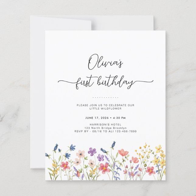 Budget Minimal Floral First Birthday Invitation (Devant)