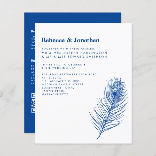 Budget Minimal Peacock Feather Blue Wedding Invita (Devant / Derrière)
