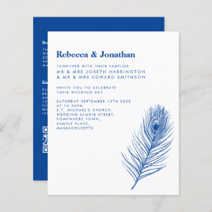 Budget Minimal Peacock Feather Blue Wedding Invita