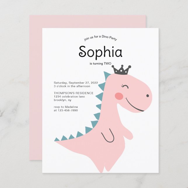 BUDGET Minimal Rose Girl Dinosaur fête d'anniversa (Devant / Derrière)