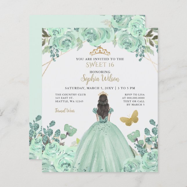 Budget Mint Gold Princess Sweet 16 Invitation (Devant / Derrière)