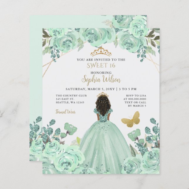 Budget Mint Gold Princess Sweet 16 Invitation (Devant / Derrière)