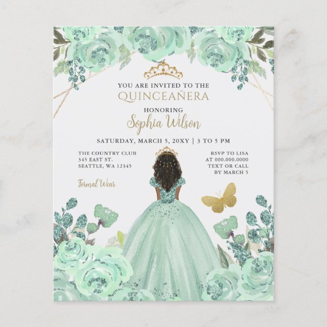 Budget Mint Gold Princesse Quinceañera Invitation (Devant)