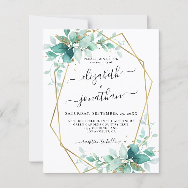 Budget Mint Green Gold Faire-part de mariage (Devant)