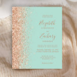 Budget Mint Green Peach Glitter Wedding Invite<br><div class="desc">The left-hand edge of this elegant modern wedding invitation features a peach faux glitter border. The customizable text combines dark peach handwriting,  copperplate and italic fonts on a mint green background. The reverse side features a matching mint green and peach glitter design.</div>