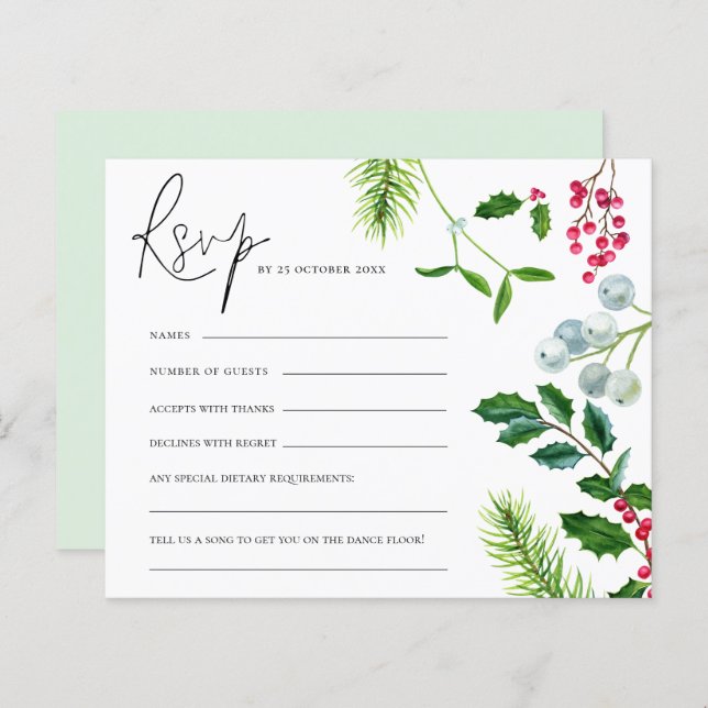 BUDGET Mistletoe Foliage Noël Mariage RSVP (Devant / Derrière)