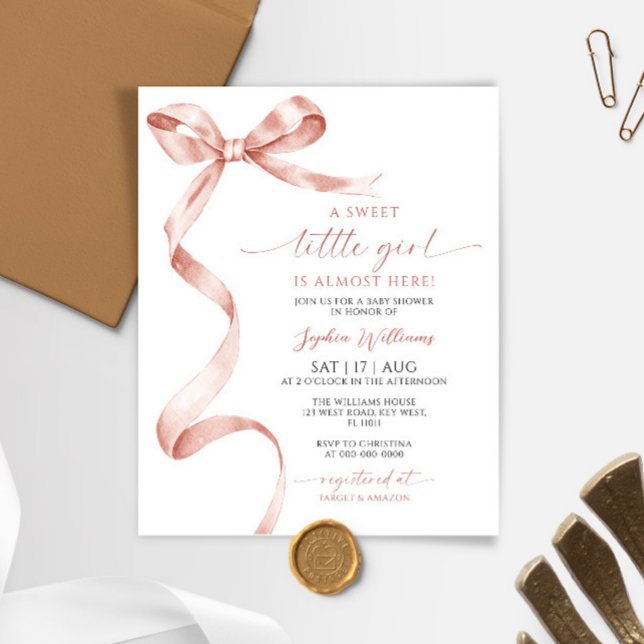 Budget Mocha Bow Sweet Girl Baby shower Invitation (Créateur téléchargé)