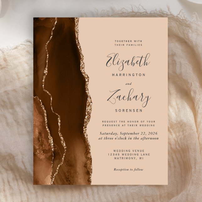 Budget Mocha Brown Gold Agate Tan Wedding Invitati (Créateur téléchargé)