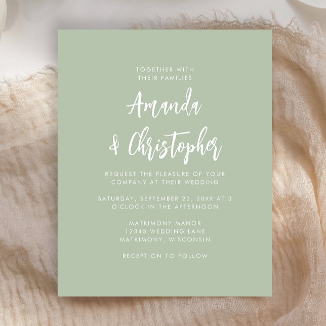 Budget Modern Script Sage Green Wedding Invitation (Créateur téléchargé)