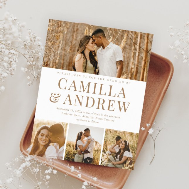 Budget Moderne 4 Photo Elégant Mariage Invitation (Modern Typography Budget Photo Wedding Invitations.)