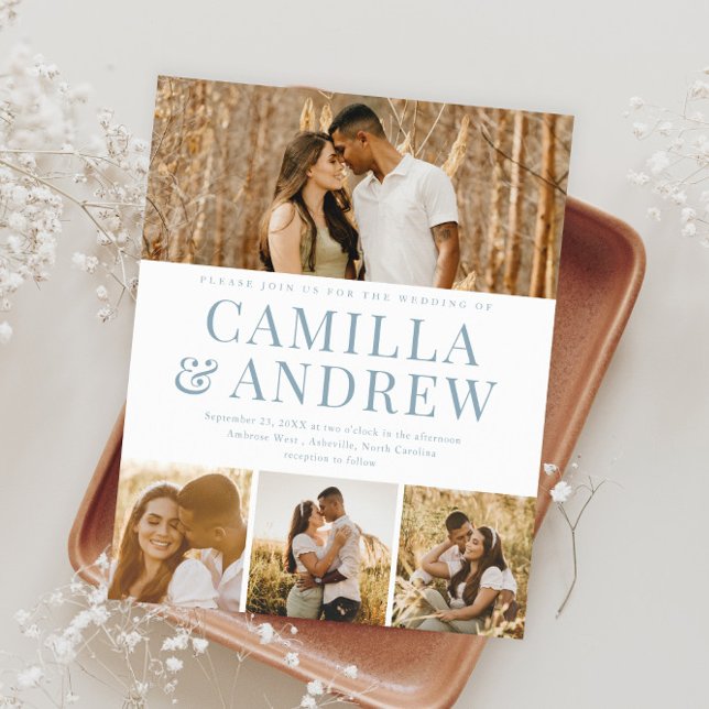 Budget Moderne 4 Photo Elégant Mariage Invitation (Modern Typography Budget Photo Wedding Invitations.)