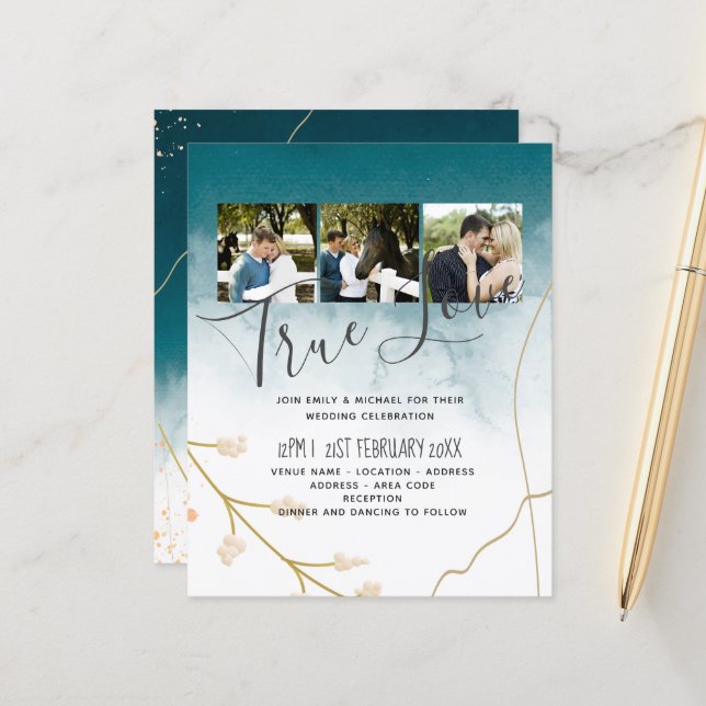 BUDGET Moderne Abstrait mariage Turquoise or Invit (Devant/Arrière en situation)
