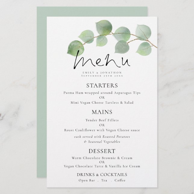 Budget Moderne Aquarelle Eucalyptus Menu Mariage (Devant / Derrière)