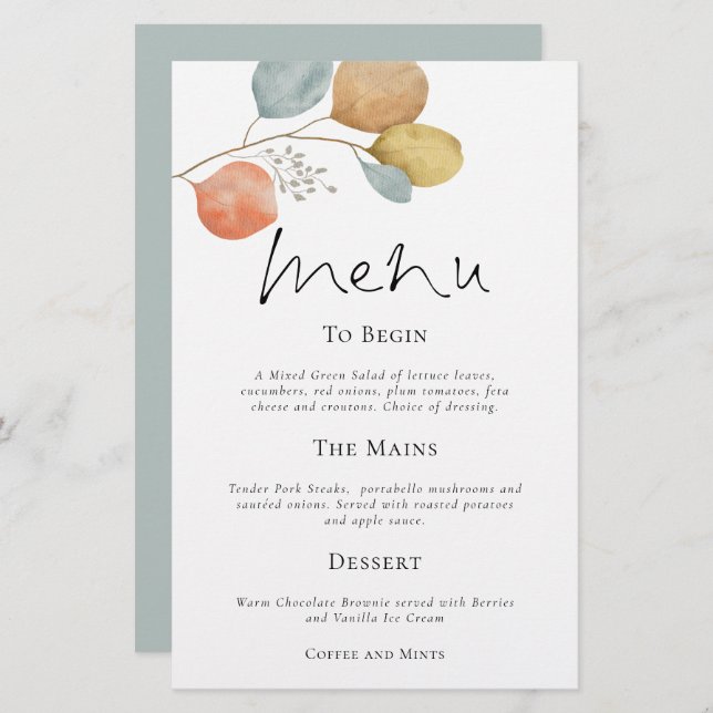 Budget Moderne Aquarelle Feuille Menu Mariage (Devant / Derrière)