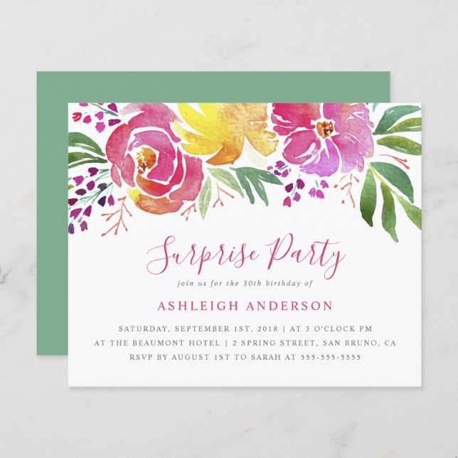 Budget Moderne Aquarelle Florale Surprise Party (Devant / Derrière)
