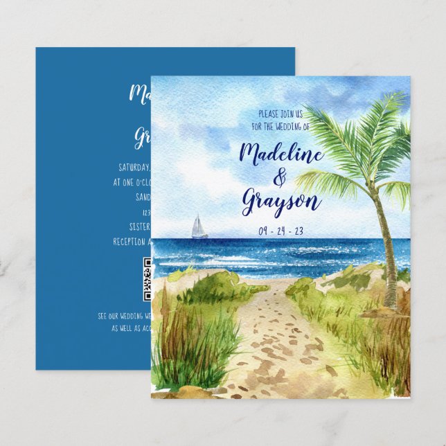 BUDGET Moderne Aquarelle Plage QR Code Invitation (Devant / Derrière)