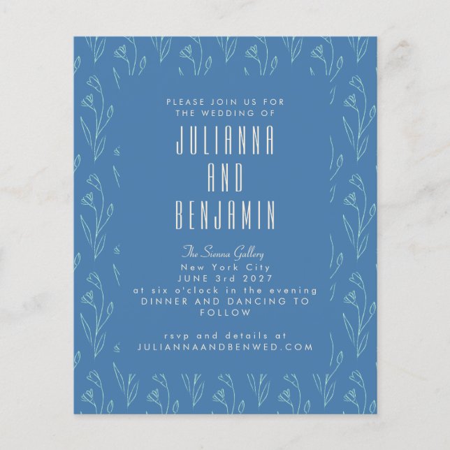 Budget Moderne Boho Floral Line Art Blue Mariage (Devant)
