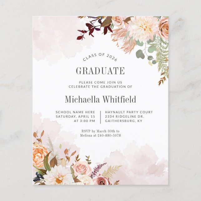 Budget Moderne Botanique Chic Graduation Invitatio (Devant)