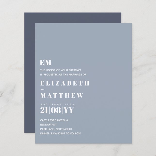 Budget Moderne Dusty Blue Wedding Invite (Devant / Derrière)