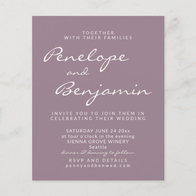 Budget Moderne Dusty Purple Script Mariage Invite (Devant)