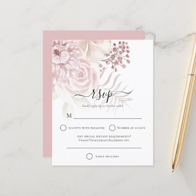 Budget Moderne Dusty Rose Florals Mariage RSVP (Devant/Arrière en situation)