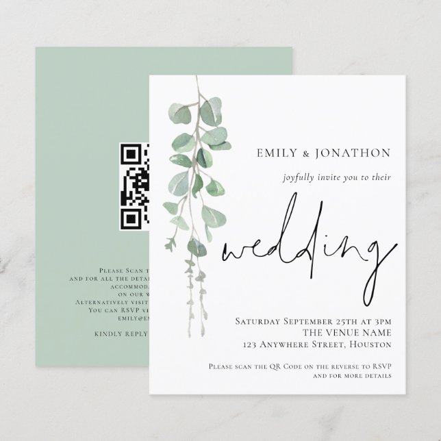 Budget Moderne Eucalyptus QR Code Mariage Invitati (Devant / Derrière)
