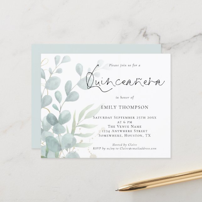 Budget Moderne Eucalyptus Quinceañera Invitation (Devant/Arrière en situation)