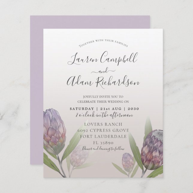 Budget Moderne Faire-part de mariage Floral Violet (Devant / Derrière)
