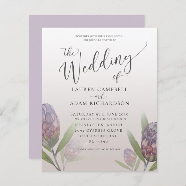 Budget Moderne Faire-part de mariage Floral Violet (Devant / Derrière)