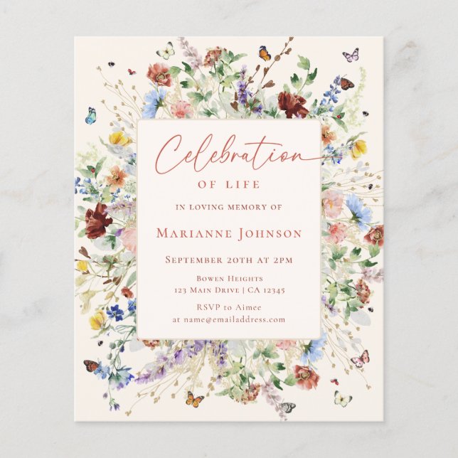 Budget Moderne Fleur sauvage Memorial Invitation (Devant)
