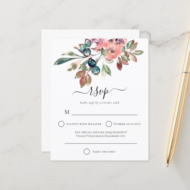 Budget Moderne Fleurs Rose Aquarelle Mariage RSVP (Devant/Arrière en situation)