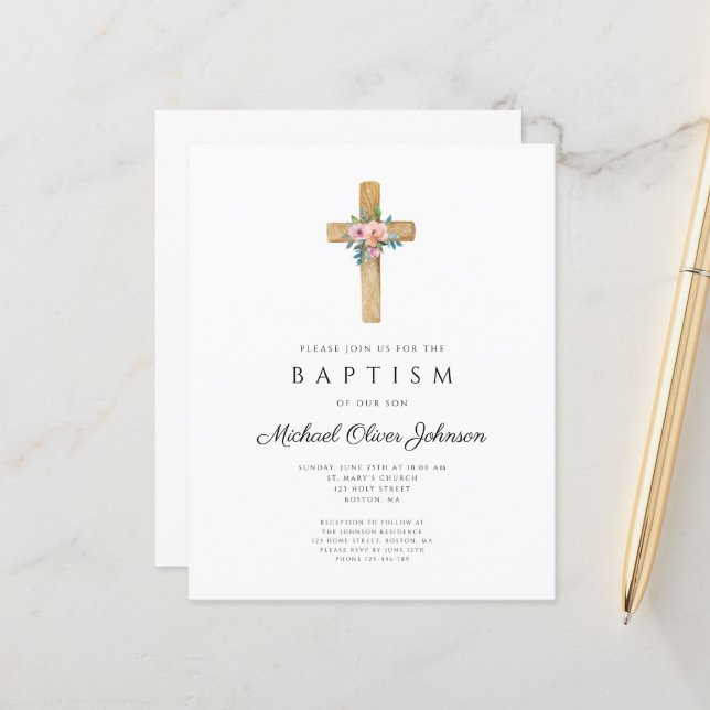 Budget Moderne Floral Cross Baptism Invitation (Devant/Arrière en situation)