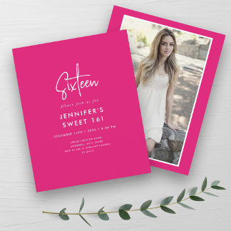 Budget Moderne Hot rose Photo Sweet 16 Invitation