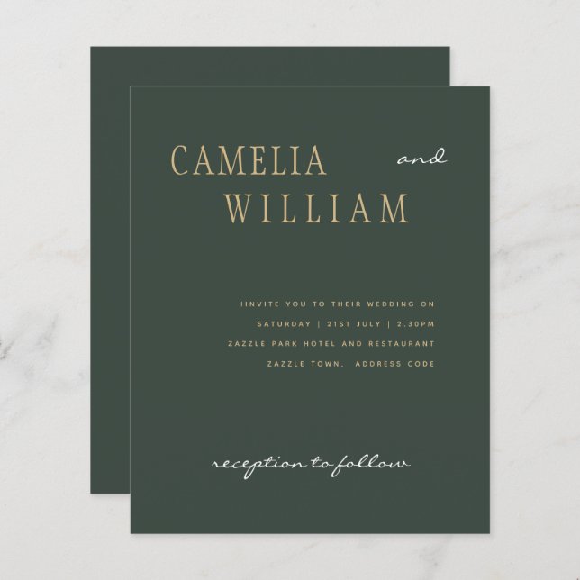 BUDGET Moderne Mariage Moss Green Gold Invitation (Devant / Derrière)
