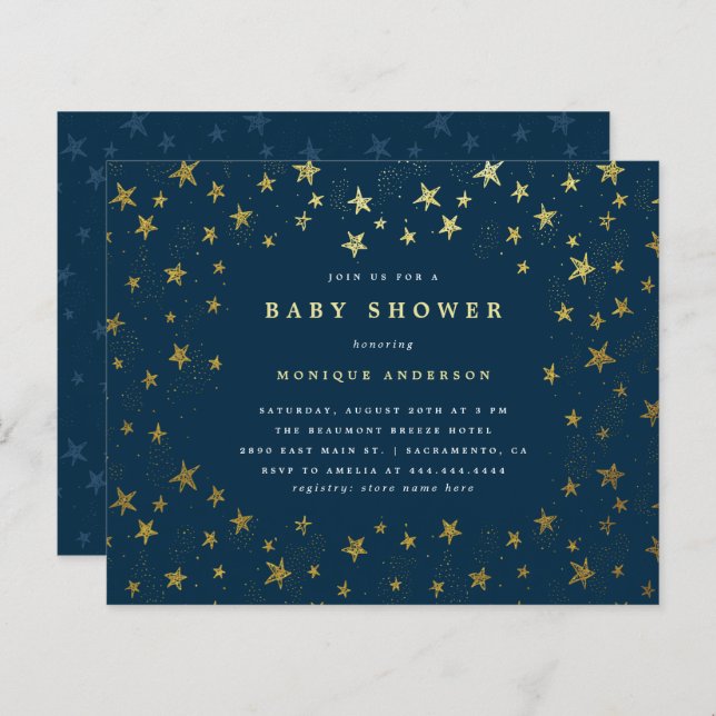 Budget moderne Midnight Blue Gold Stars Baby showe (Devant / Derrière)