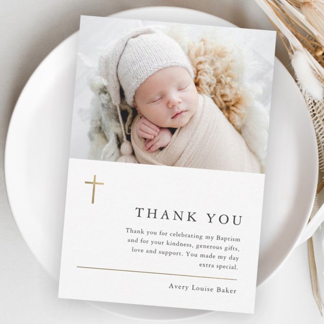 Budget Moderne Minimal Photo Carte de remerciement (Modern gold cross baby photo budget baptism thank you.)