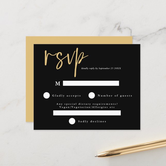 Budget Moderne Noir et Or Mariage RSVP (Devant/Arrière en situation)