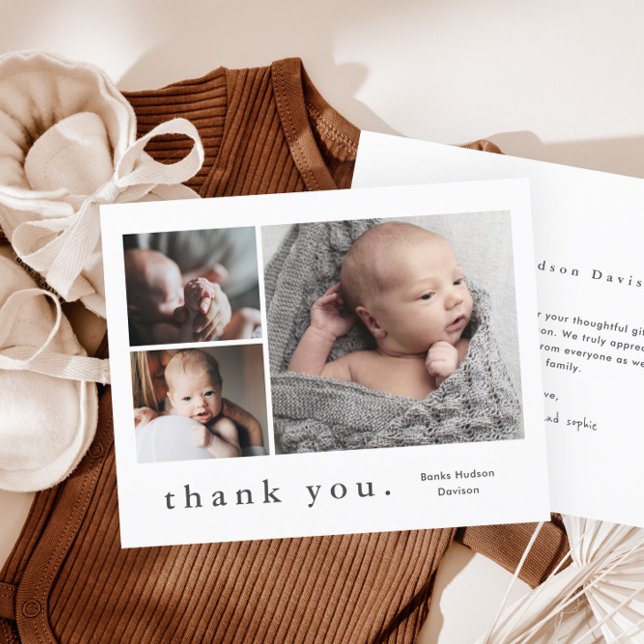 Budget moderne Photo Collage Carte de remerciement (Simple 3 Photo Collage Budget Baby Thank You Cards.)