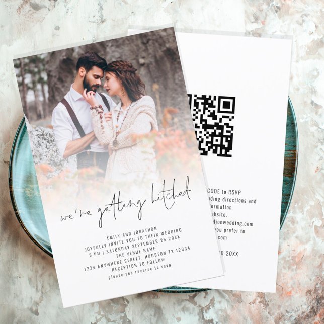 Budget Moderne Photo Overlay QR Code Mariage Invit (Front and back view, budget price larger size alternative)