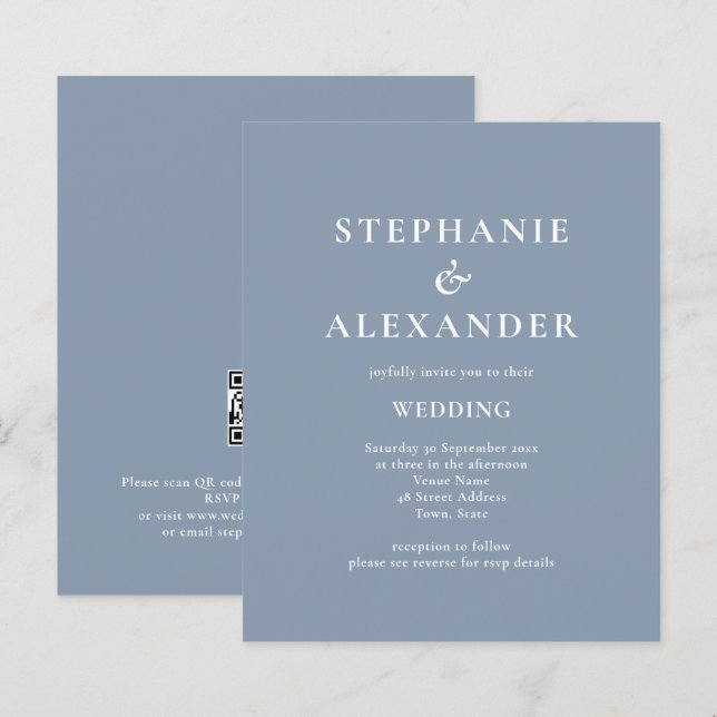 Budget Moderne QR Code Dusty Blue Wedding Invitati (Devant / Derrière)